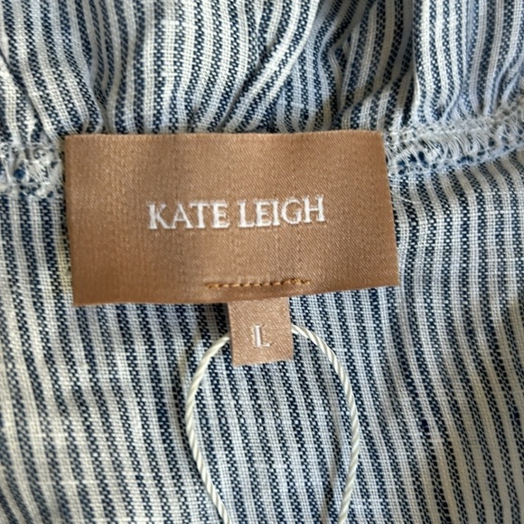 Kate Leigh Blue Linen Stripe Railroad Mini Wrap Dress Size Large NWT - Picture 5 of 10